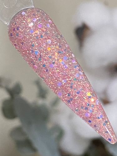 Courage is a mix of fine and small chunky iridescent pink and holographic pearl pink glitters.